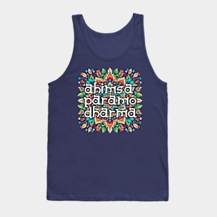 Ahimsa Paramo Dharma Mandala: Colorful Harmony in Red, Green, Blue, Yellow, Orange, Purple, Pink Tank Top